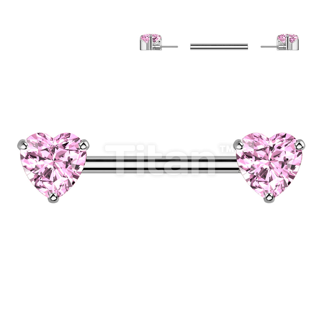 Implant Grade Titanium Threadless Push In Nipple Barbell With Prong Set Heart CZ Ends - Image 5