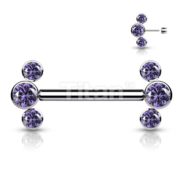 Implant Grade Titanium Threadless Push in Nipple Barbell With 3 Bezel Set CZ Ends - Image 2
