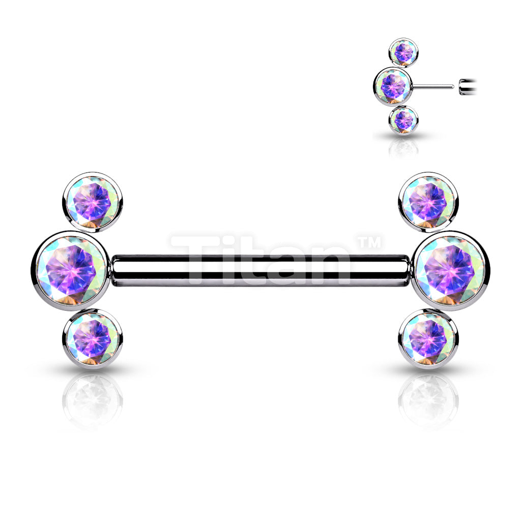 Implant Grade Titanium Threadless Push in Nipple Barbell With 3 Bezel Set CZ Ends - Image 3