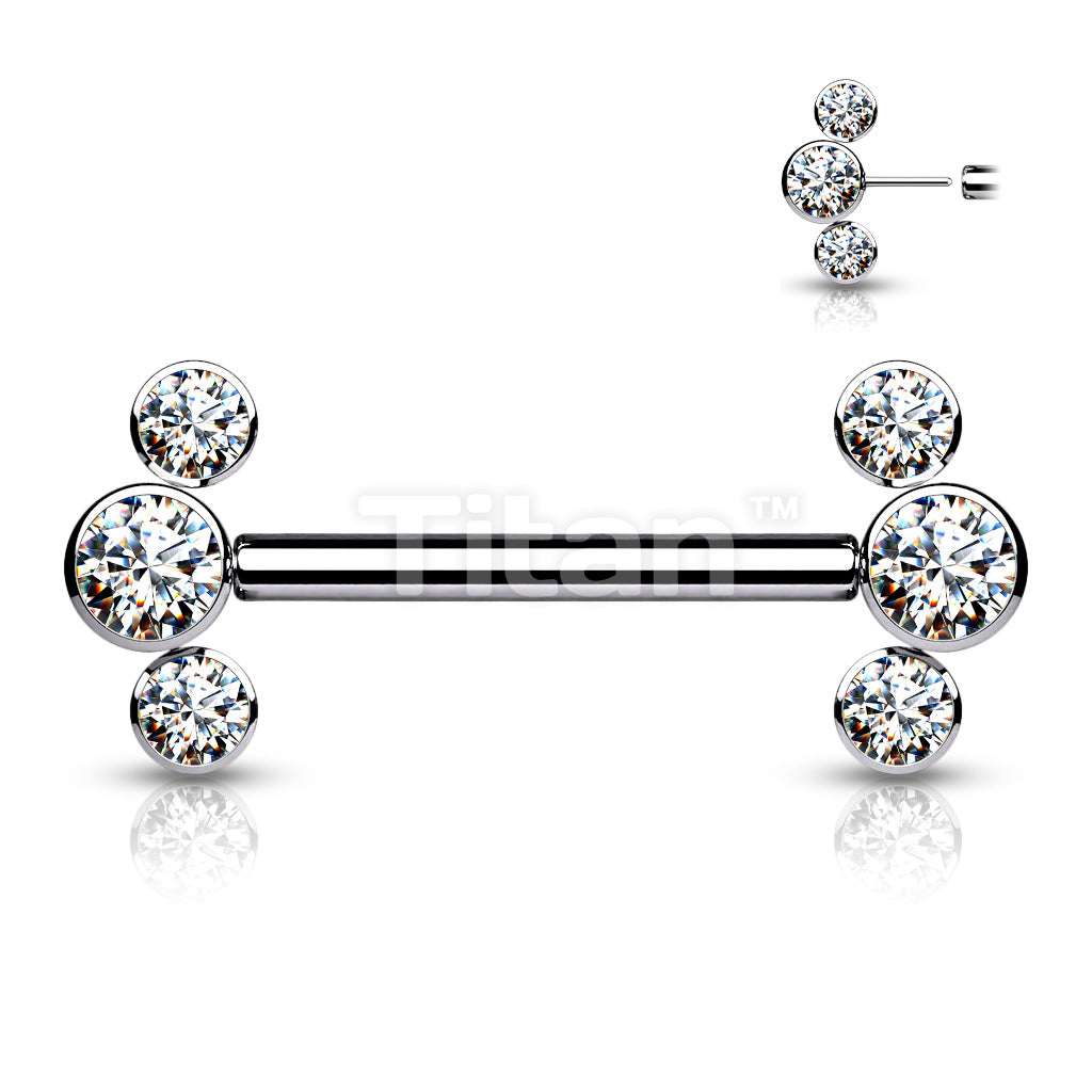 Implant Grade Titanium Threadless Push in Nipple Barbell With 3 Bezel Set CZ Ends - Image 4