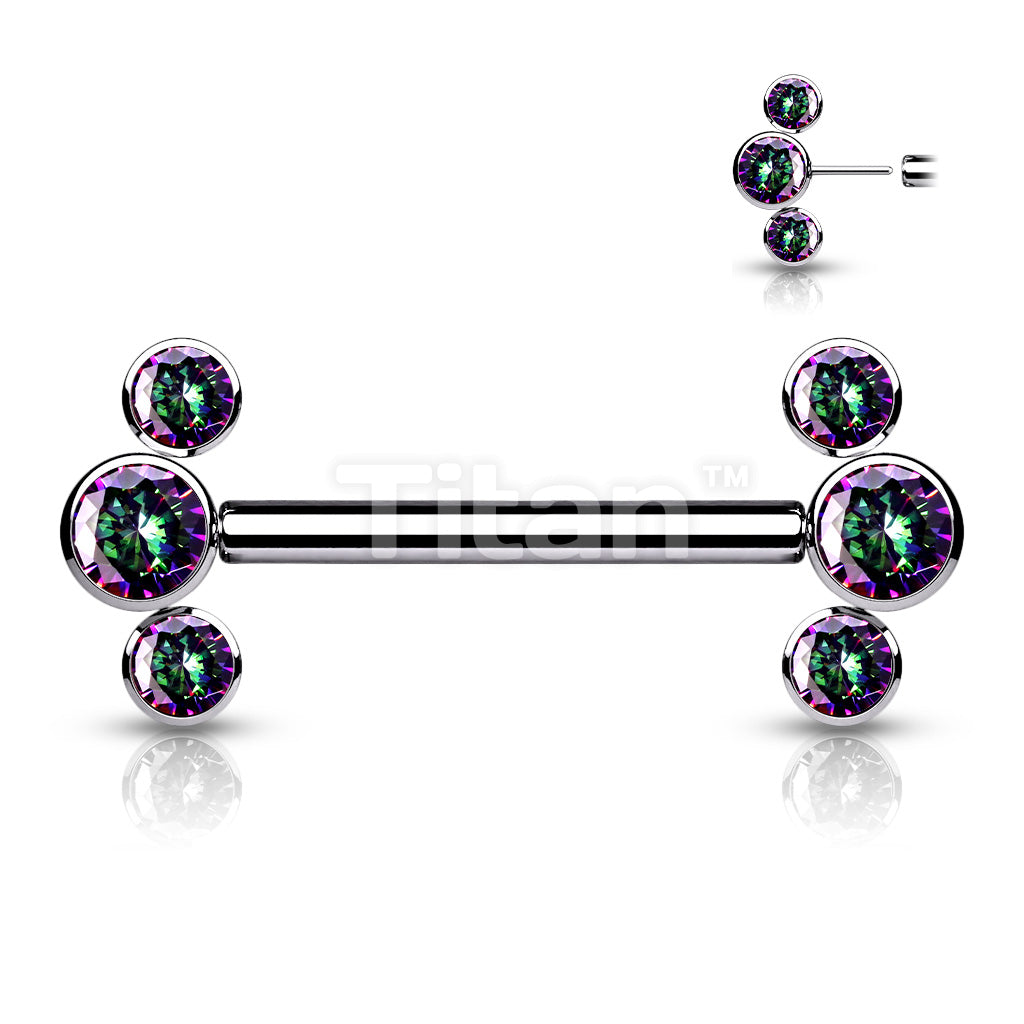 Implant Grade Titanium Threadless Push in Nipple Barbell With 3 Bezel Set CZ Ends - Image 8