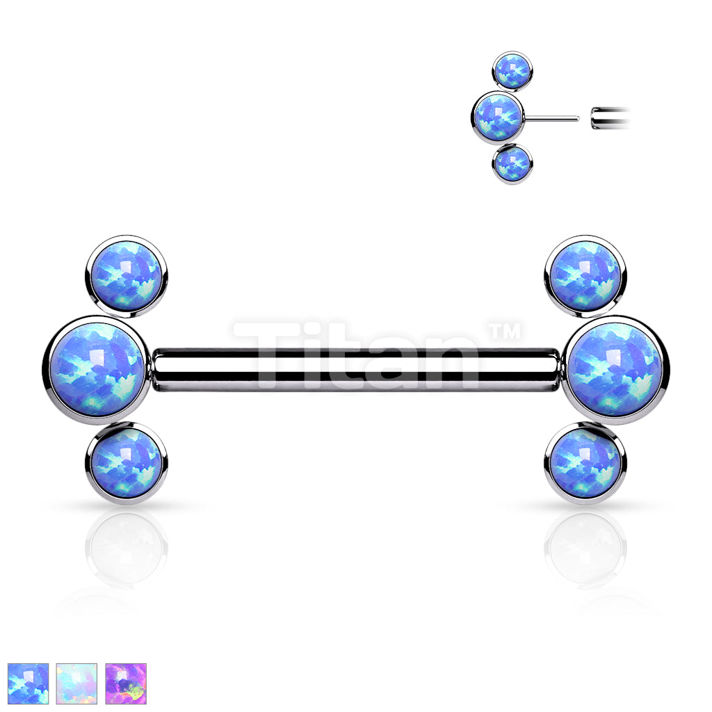 Implant Grade Titanium Threadless Push in Nipple Barbell With 3 Bezel Set Opal Ends - Image 2
