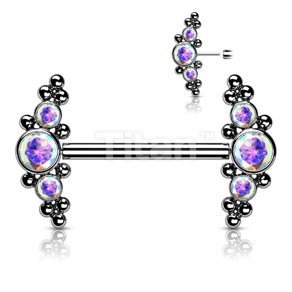 Implant Grade Titanium Threadless Push in Nipple Barbell With  CZ and Ball Cluster Ends - Image 3