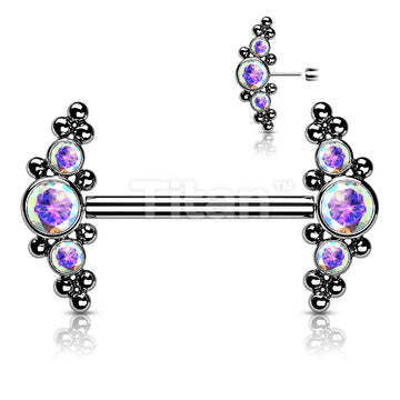 Implant Grade Titanium Threadless Push in Nipple Barbell With  CZ and Ball Cluster Ends - Image 3