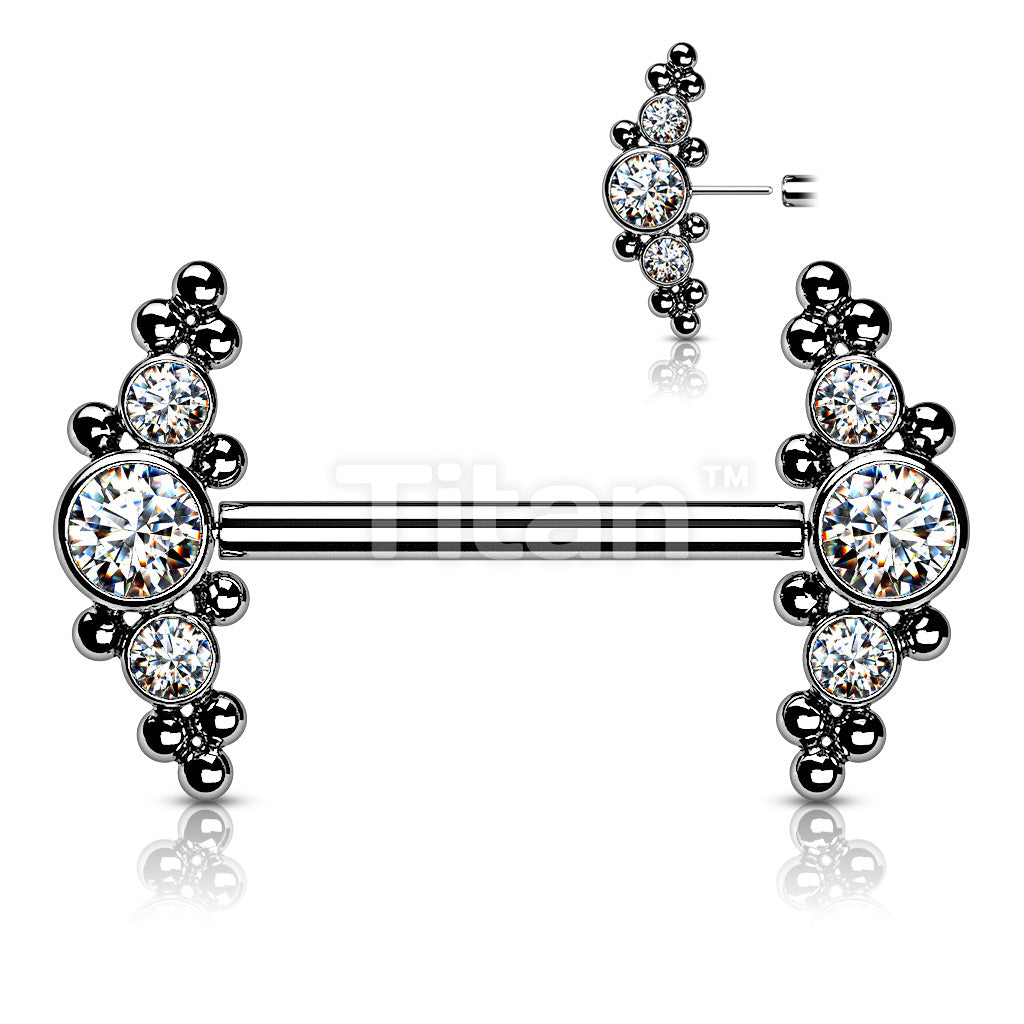 Implant Grade Titanium Threadless Push in Nipple Barbell With  CZ and Ball Cluster Ends - Image 4