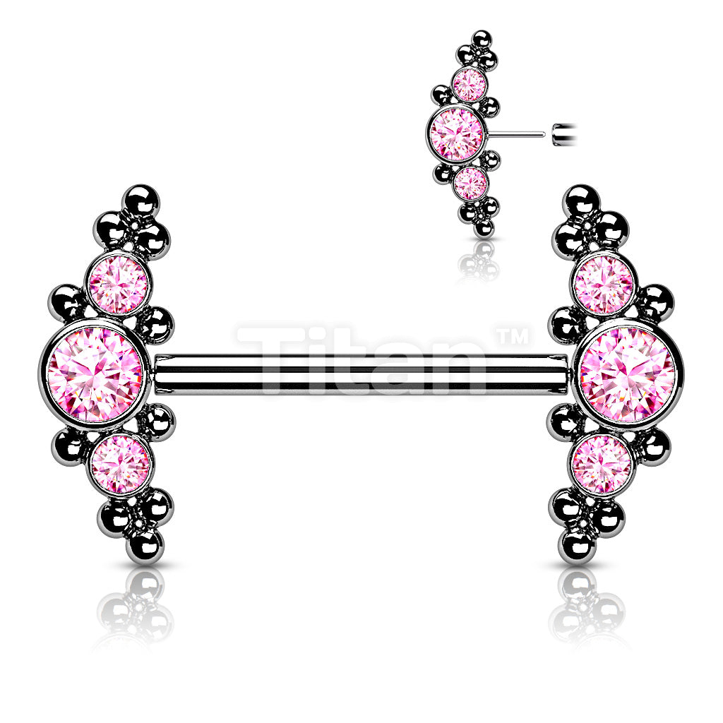 Implant Grade Titanium Threadless Push in Nipple Barbell With  CZ and Ball Cluster Ends - Image 5