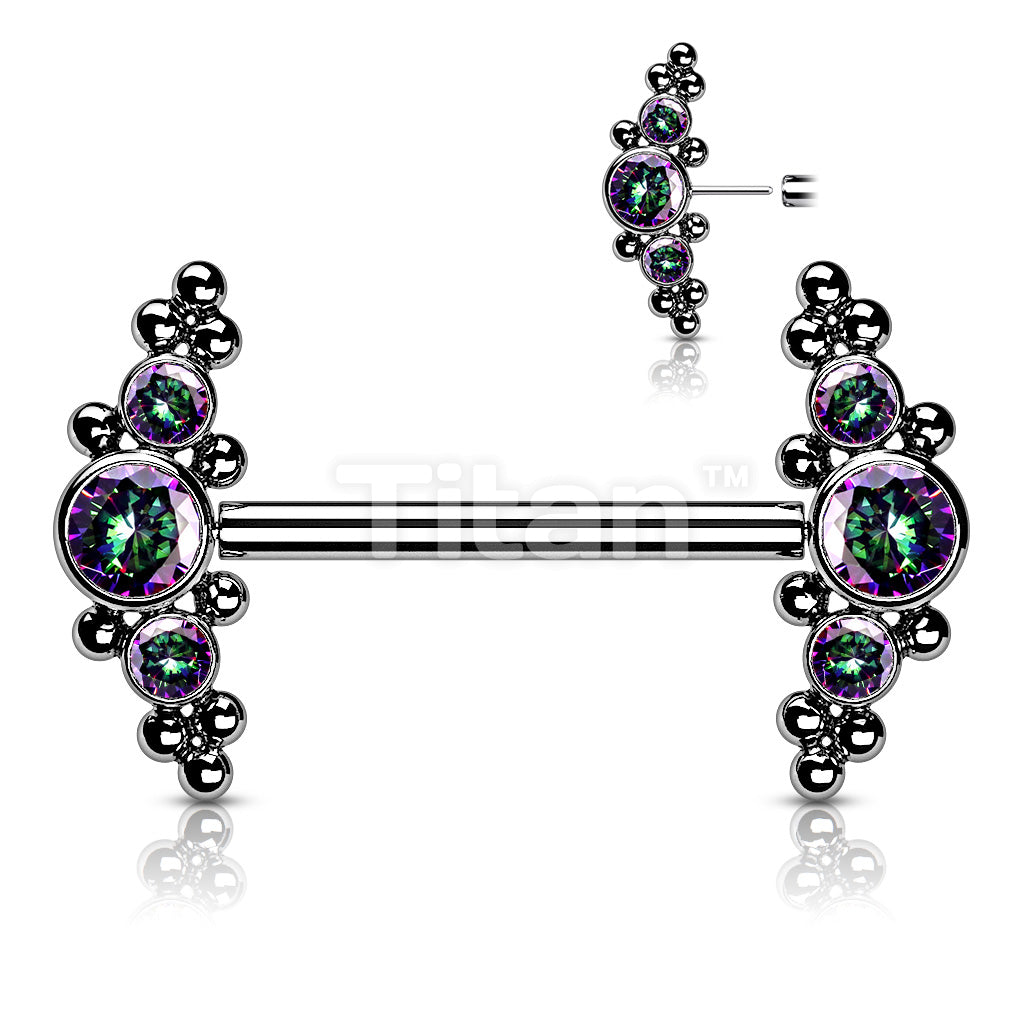 Implant Grade Titanium Threadless Push in Nipple Barbell With  CZ and Ball Cluster Ends - Image 6