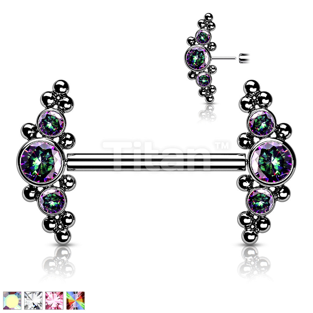 Implant Grade Titanium Threadless Push in Nipple Barbell With  CZ and Ball Cluster Ends - Image 2