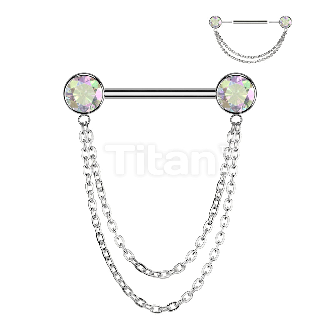 Implant Grade Titanium Threadless Push In Nipple Barbell With Double Chain Dangle - Image 2