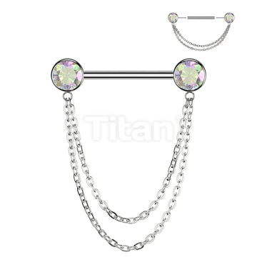 Implant Grade Titanium Threadless Push In Nipple Barbell With Double Chain Dangle - Image 2