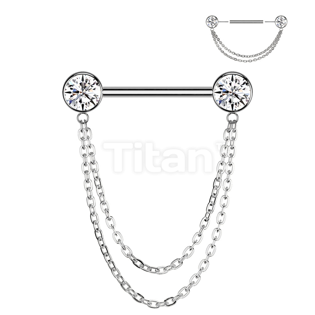 Implant Grade Titanium Threadless Push In Nipple Barbell With Double Chain Dangle - Image 3