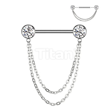 Implant Grade Titanium Threadless Push In Nipple Barbell With Double Chain Dangle - Image 3