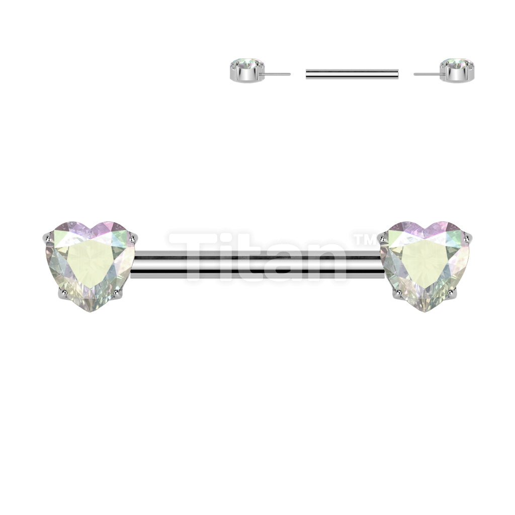 Implant Grade Titanium Threadless Push In Nipple Barbell With 4 Prong Set Heart CZ Rounded Back Ends - Image 2