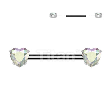Implant Grade Titanium Threadless Push In Nipple Barbell With 4 Prong Set Heart CZ Rounded Back Ends - Image 2