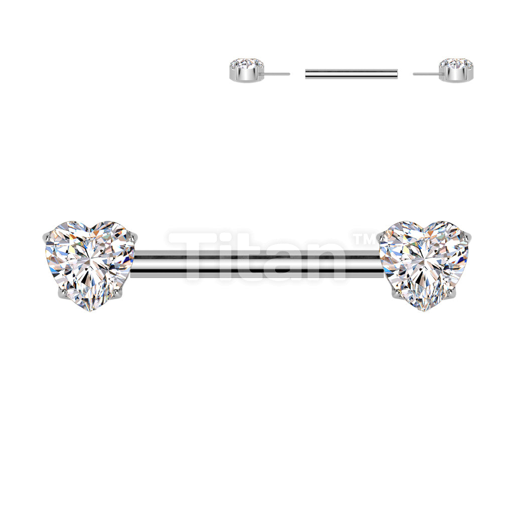 Implant Grade Titanium Threadless Push In Nipple Barbell With 4 Prong Set Heart CZ Rounded Back Ends - Image 3