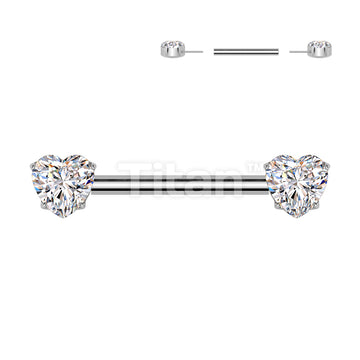 Implant Grade Titanium Threadless Push In Nipple Barbell With 4 Prong Set Heart CZ Rounded Back Ends - Image 3