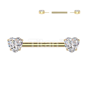 Implant Grade Titanium Threadless Push In Nipple Barbell With 4 Prong Set Heart CZ Rounded Back Ends - Image 4