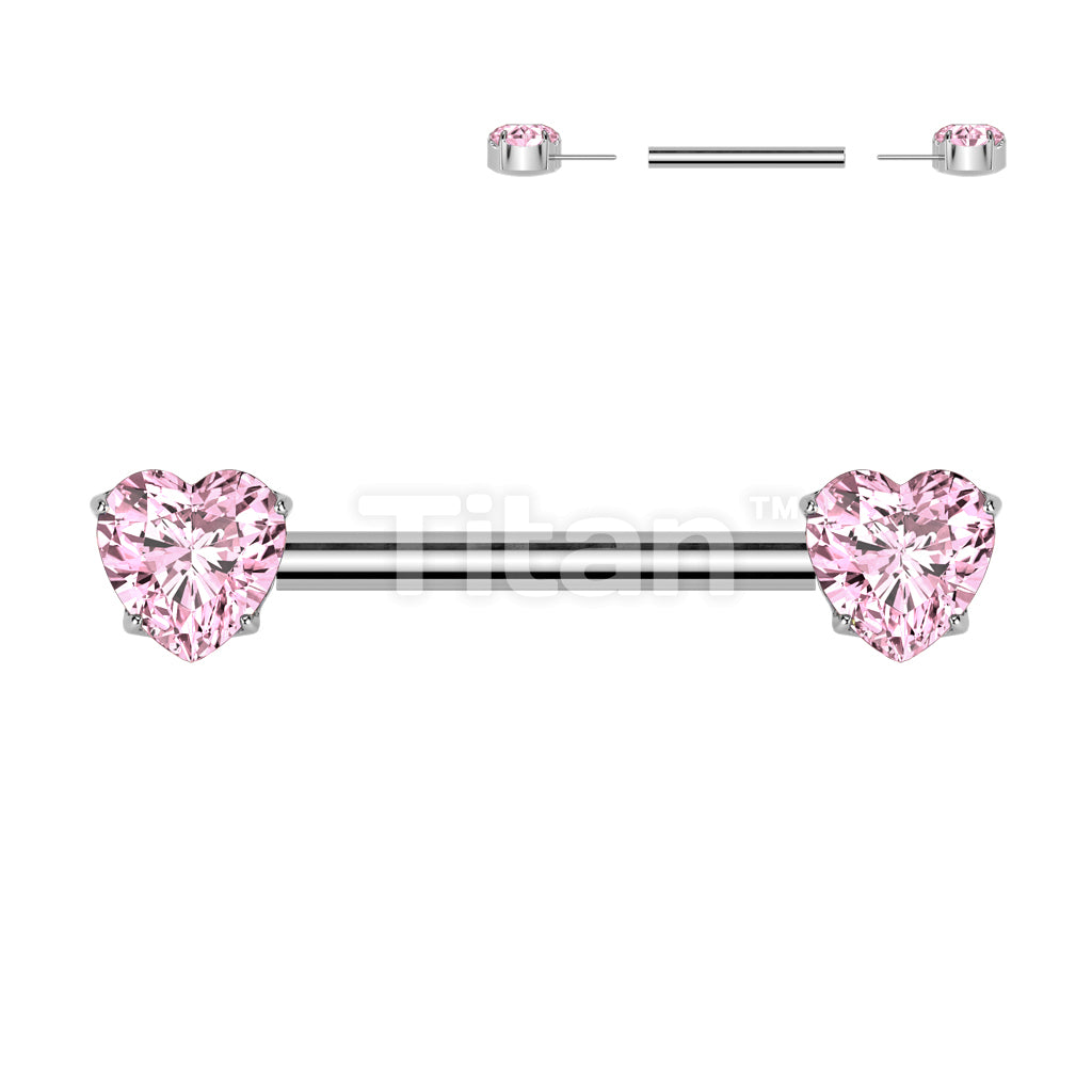 Implant Grade Titanium Threadless Push In Nipple Barbell With 4 Prong Set Heart CZ Rounded Back Ends - Image 5
