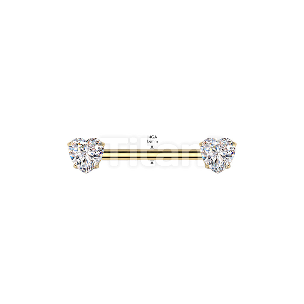 Implant Grade Titanium Threadless Push In Nipple Barbell With 4 Prong Set Heart CZ Rounded Back Ends - Image 6