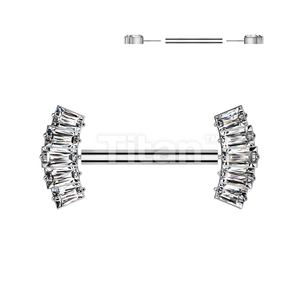 Implant Grade Titanium Threadless Push In Nipple Barbell With 5 Baguette CZ Fan Forward Facing Ends - Image 2