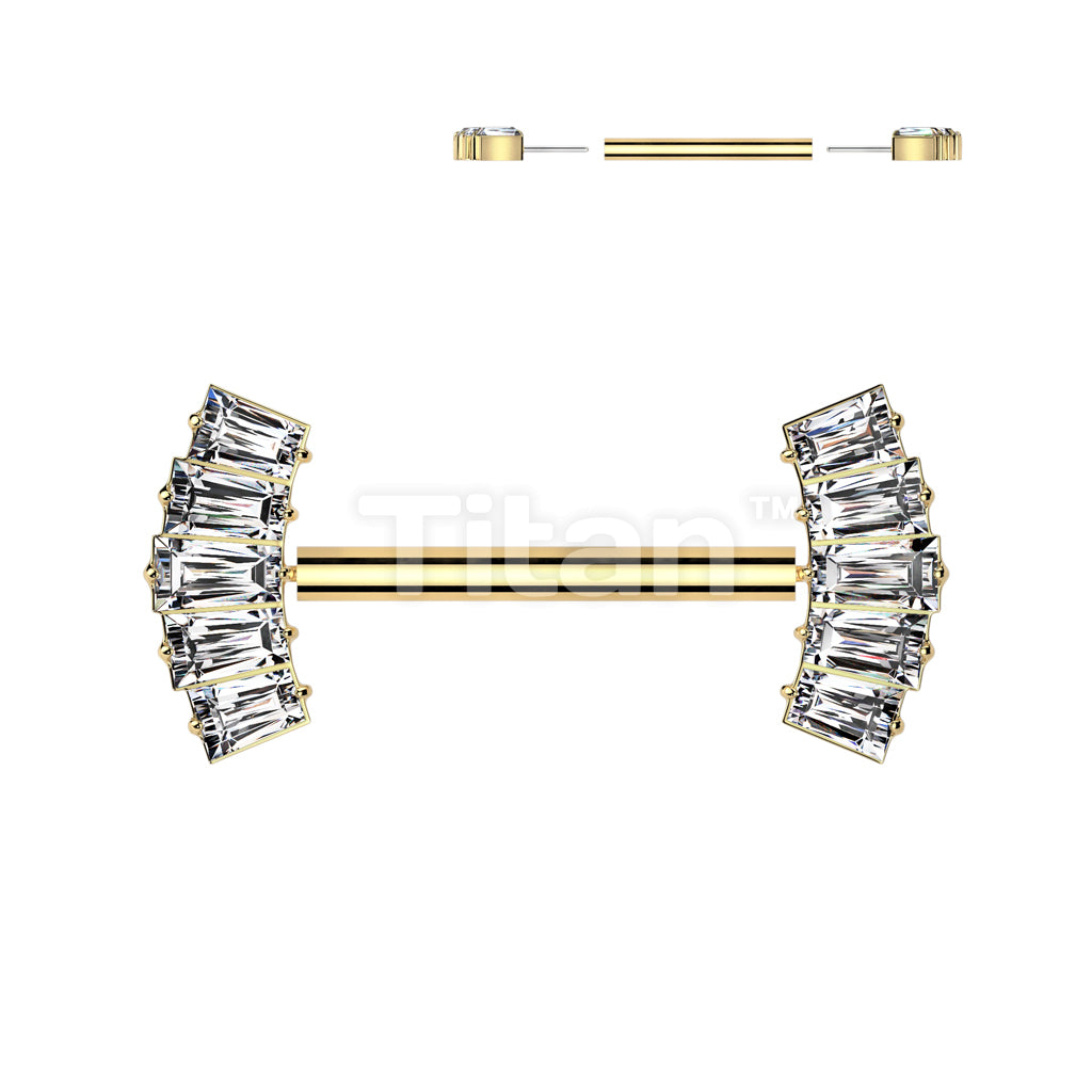 Implant Grade Titanium Threadless Push In Nipple Barbell With 5 Baguette CZ Fan Forward Facing Ends - Image 3