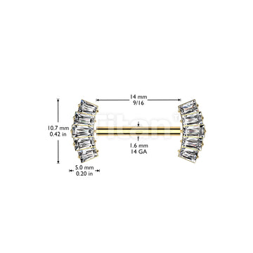 Implant Grade Titanium Threadless Push In Nipple Barbell With 5 Baguette CZ Fan Forward Facing Ends - Image 4