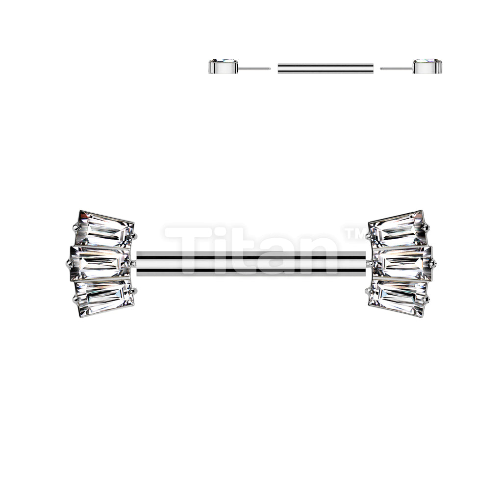 Implant Grade Titanium Threadless Push In Nipple Barbell With 3 Baguette CZ Fan Forward Facing Ends - Image 2