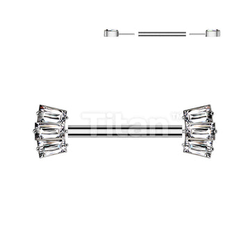 Implant Grade Titanium Threadless Push In Nipple Barbell With 3 Baguette CZ Fan Forward Facing Ends - Image 2