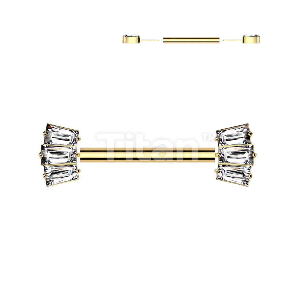 Implant Grade Titanium Threadless Push In Nipple Barbell With 3 Baguette CZ Fan Forward Facing Ends - Image 3