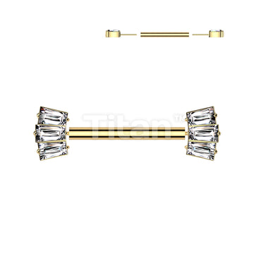 Implant Grade Titanium Threadless Push In Nipple Barbell With 3 Baguette CZ Fan Forward Facing Ends - Image 3