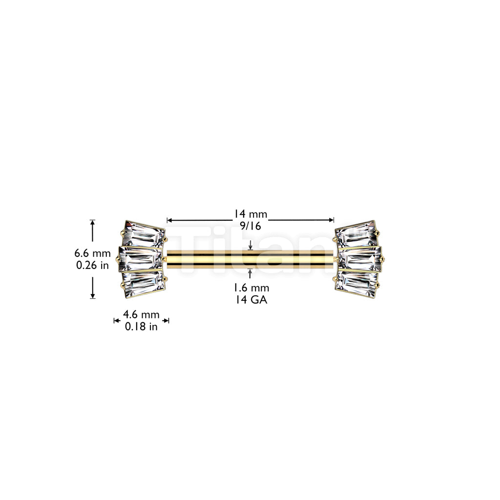 Implant Grade Titanium Threadless Push In Nipple Barbell With 3 Baguette CZ Fan Forward Facing Ends - Image 5