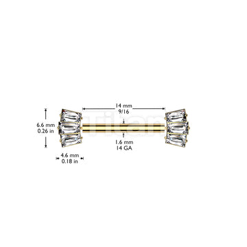Implant Grade Titanium Threadless Push In Nipple Barbell With 3 Baguette CZ Fan Forward Facing Ends - Image 5