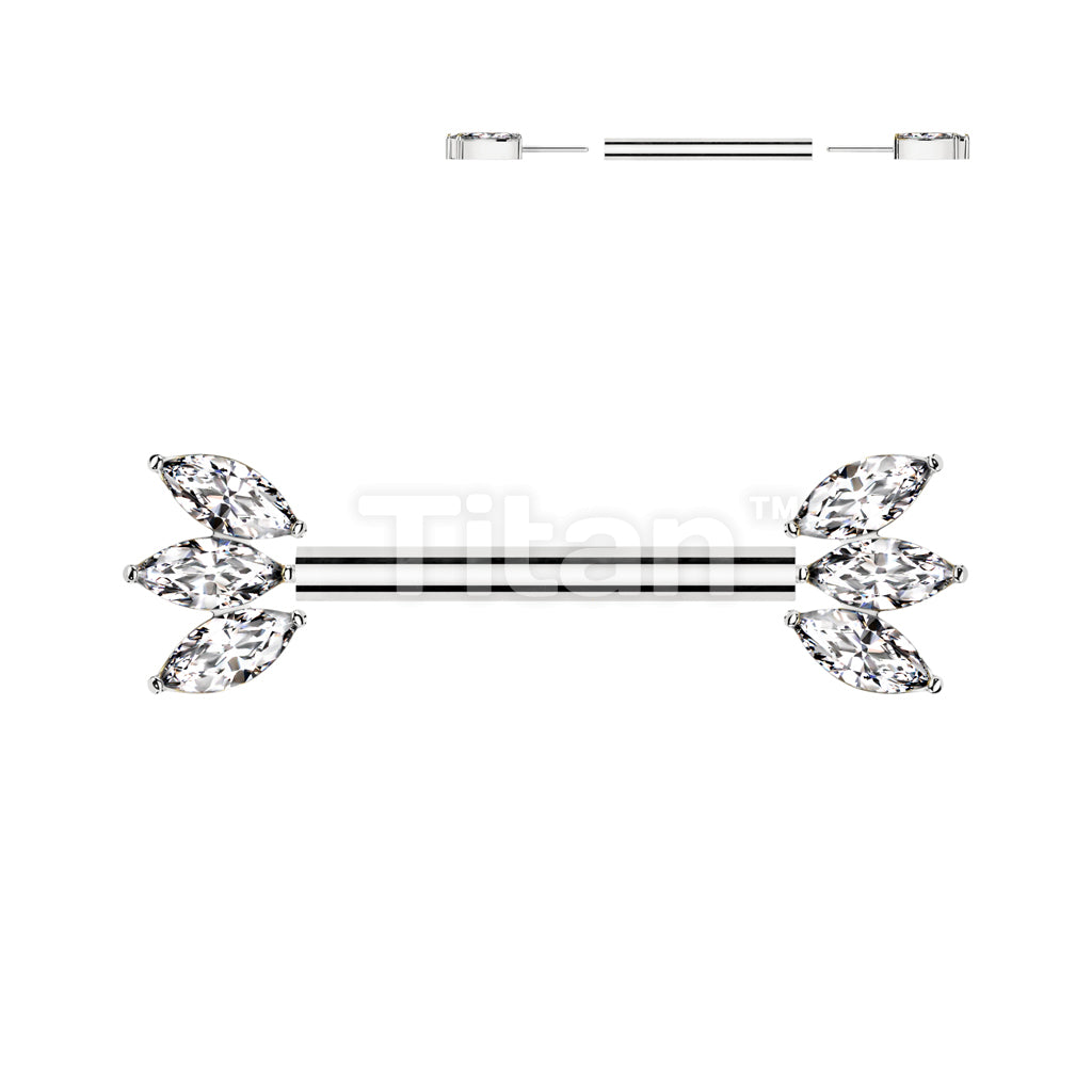 Implant Grade Titanium Threadless Push In Nipple Barbell With Forward Facing Triple Marquise CZ Ends - Image 3