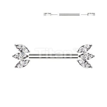 Implant Grade Titanium Threadless Push In Nipple Barbell With Forward Facing Triple Marquise CZ Ends - Image 3