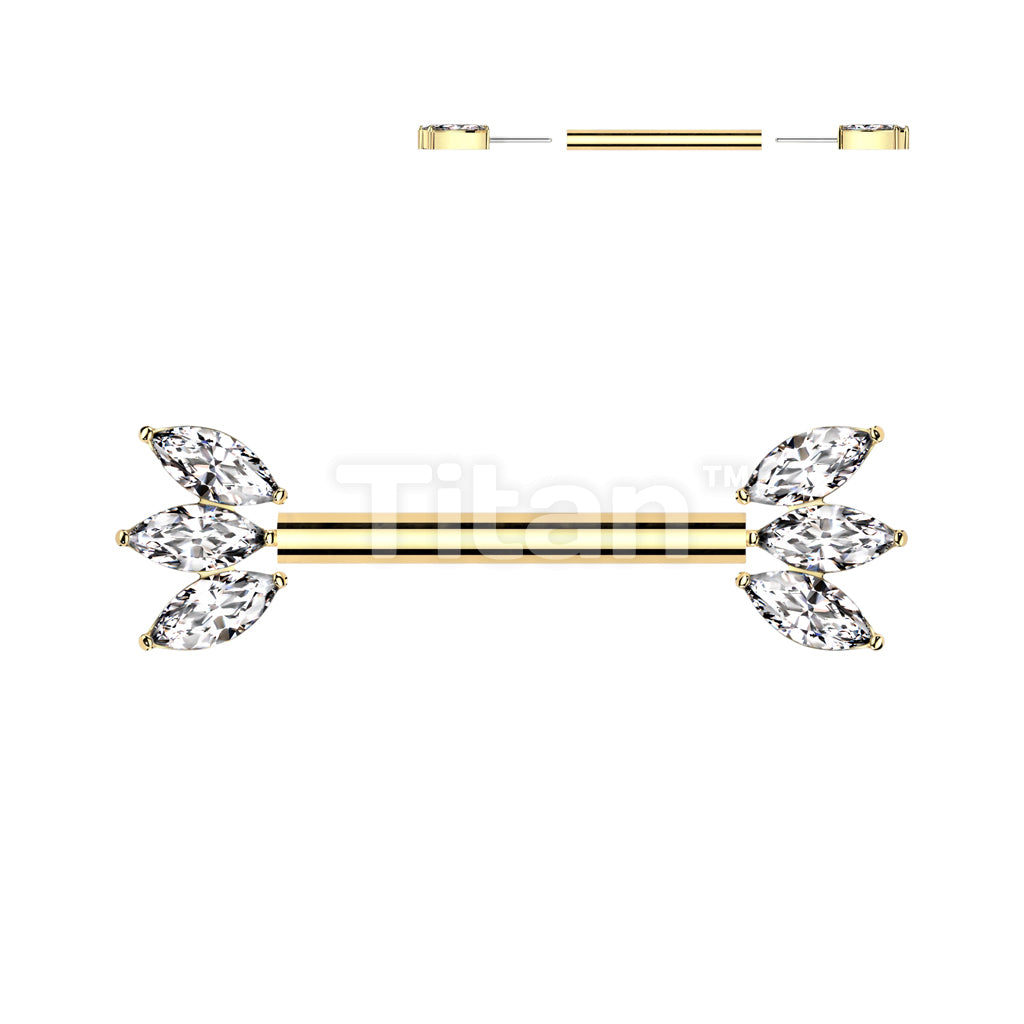 Implant Grade Titanium Threadless Push In Nipple Barbell With Forward Facing Triple Marquise CZ Ends - Image 2