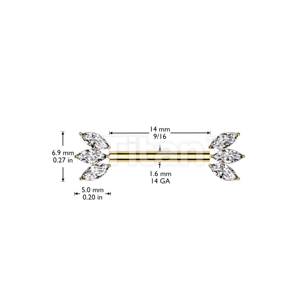 Implant Grade Titanium Threadless Push In Nipple Barbell With Forward Facing Triple Marquise CZ Ends - Image 4