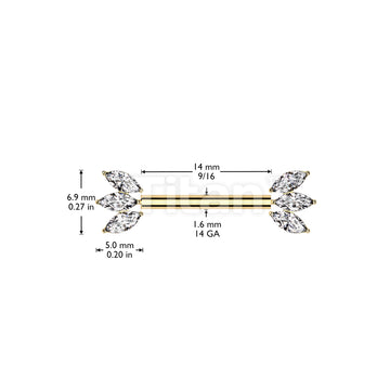 Implant Grade Titanium Threadless Push In Nipple Barbell With Forward Facing Triple Marquise CZ Ends - Image 4