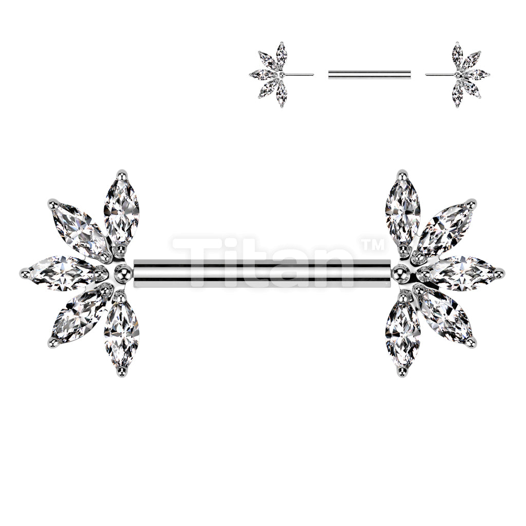 Implant Grade Titanium Threadless Push In Nipple Barbell With 5 Marquise CZ Forward Facing Fan Ends - Image 2