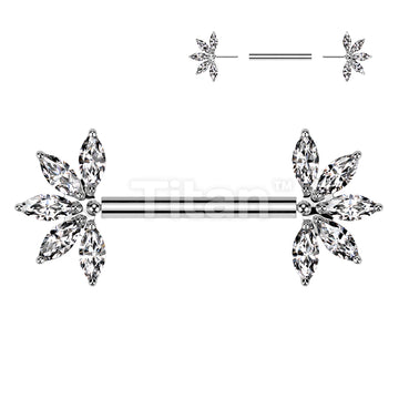Implant Grade Titanium Threadless Push In Nipple Barbell With 5 Marquise CZ Forward Facing Fan Ends - Image 2