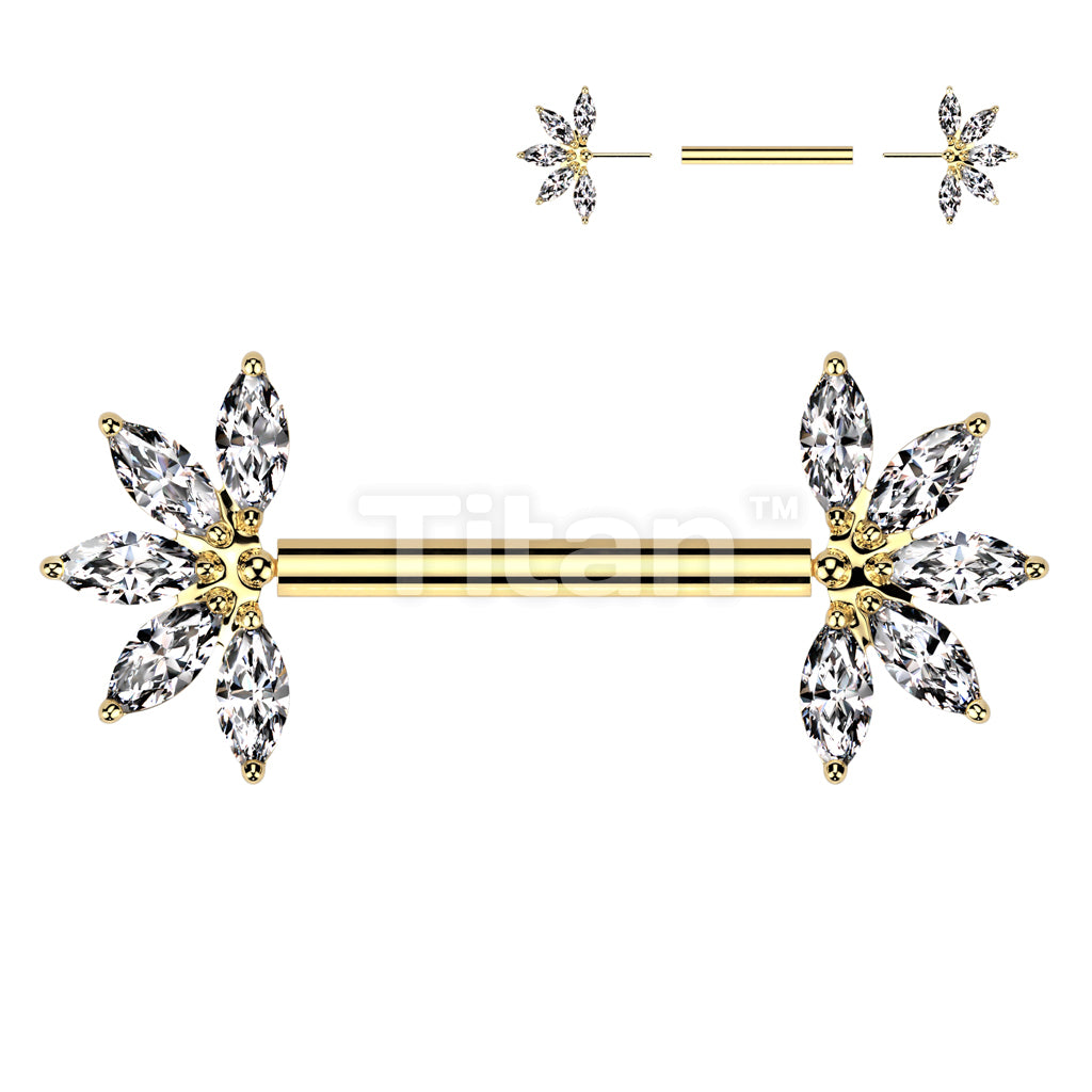 Implant Grade Titanium Threadless Push In Nipple Barbell With 5 Marquise CZ Forward Facing Fan Ends - Image 3