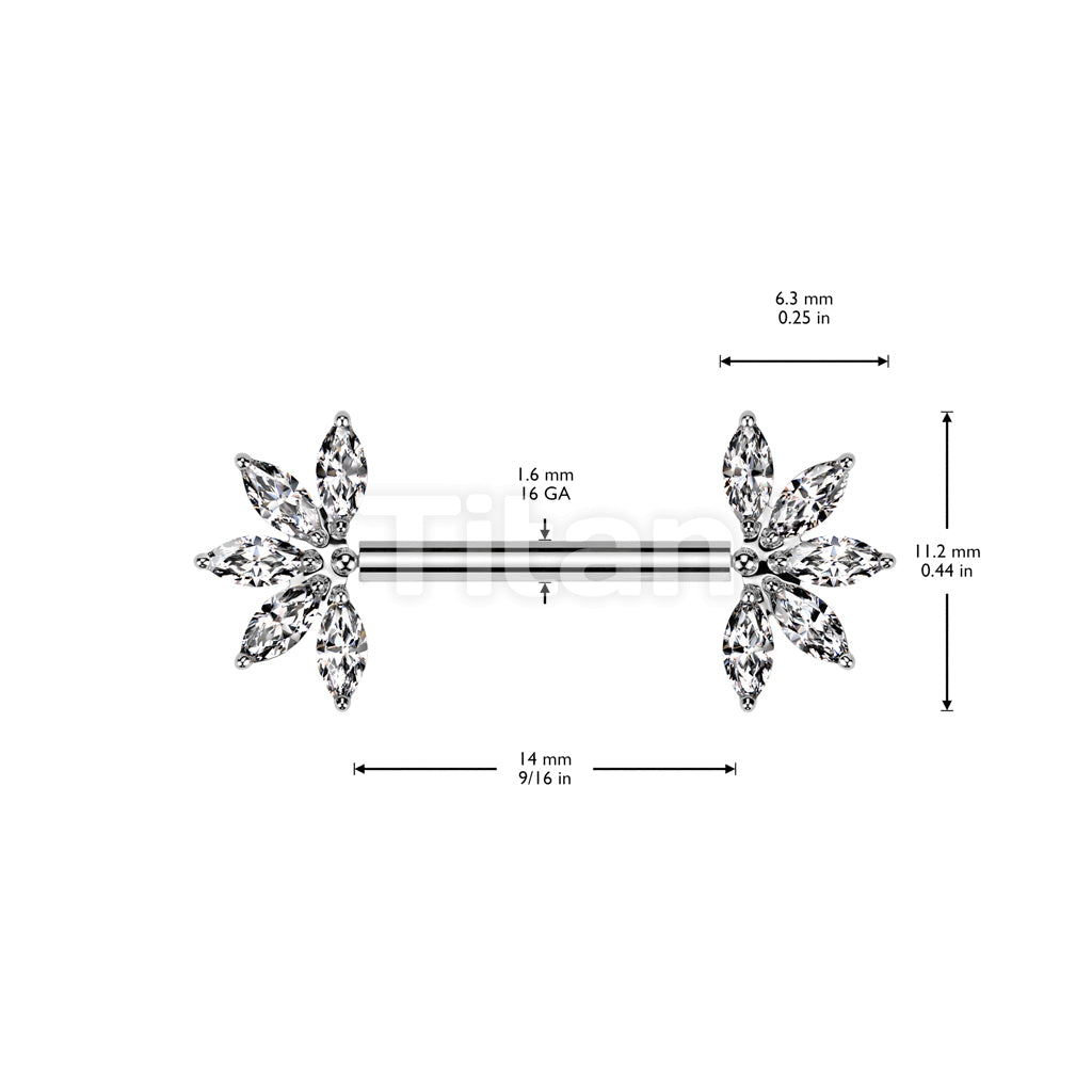 Implant Grade Titanium Threadless Push In Nipple Barbell With 5 Marquise CZ Forward Facing Fan Ends - Image 4