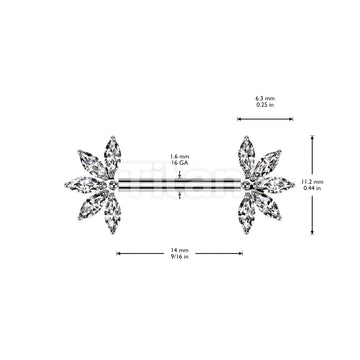 Implant Grade Titanium Threadless Push In Nipple Barbell With 5 Marquise CZ Forward Facing Fan Ends - Image 4