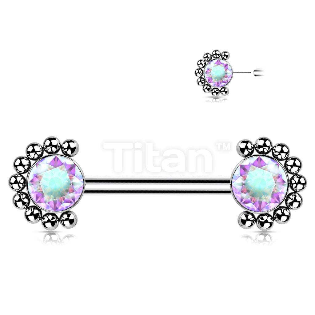 Implant Grade Titanium Threadless Push in Nipple Barbell With Forward Facing Bezel Set CZ or Opal and Beaded Ball Edge Ends - Image 3