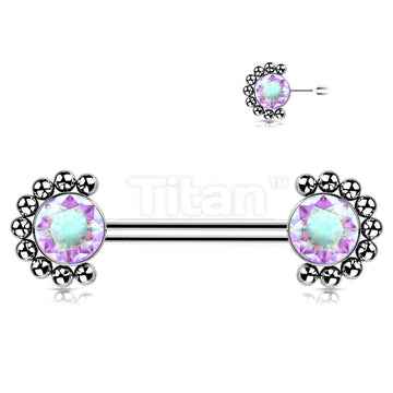 Implant Grade Titanium Threadless Push in Nipple Barbell With Forward Facing Bezel Set CZ or Opal and Beaded Ball Edge Ends - Image 3