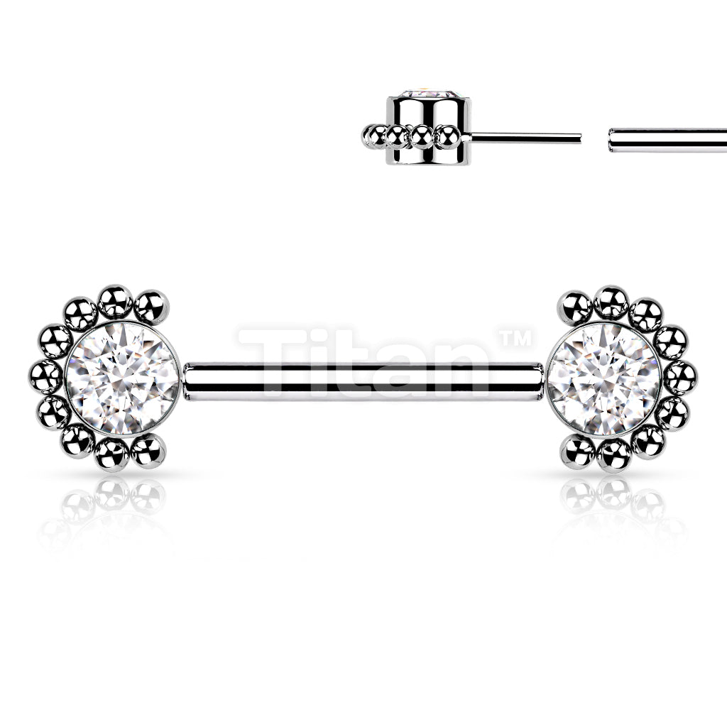Implant Grade Titanium Threadless Push in Nipple Barbell With Forward Facing Bezel Set CZ or Opal and Beaded Ball Edge Ends - Image 4