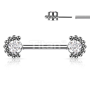 Implant Grade Titanium Threadless Push in Nipple Barbell With Forward Facing Bezel Set CZ or Opal and Beaded Ball Edge Ends - Image 4