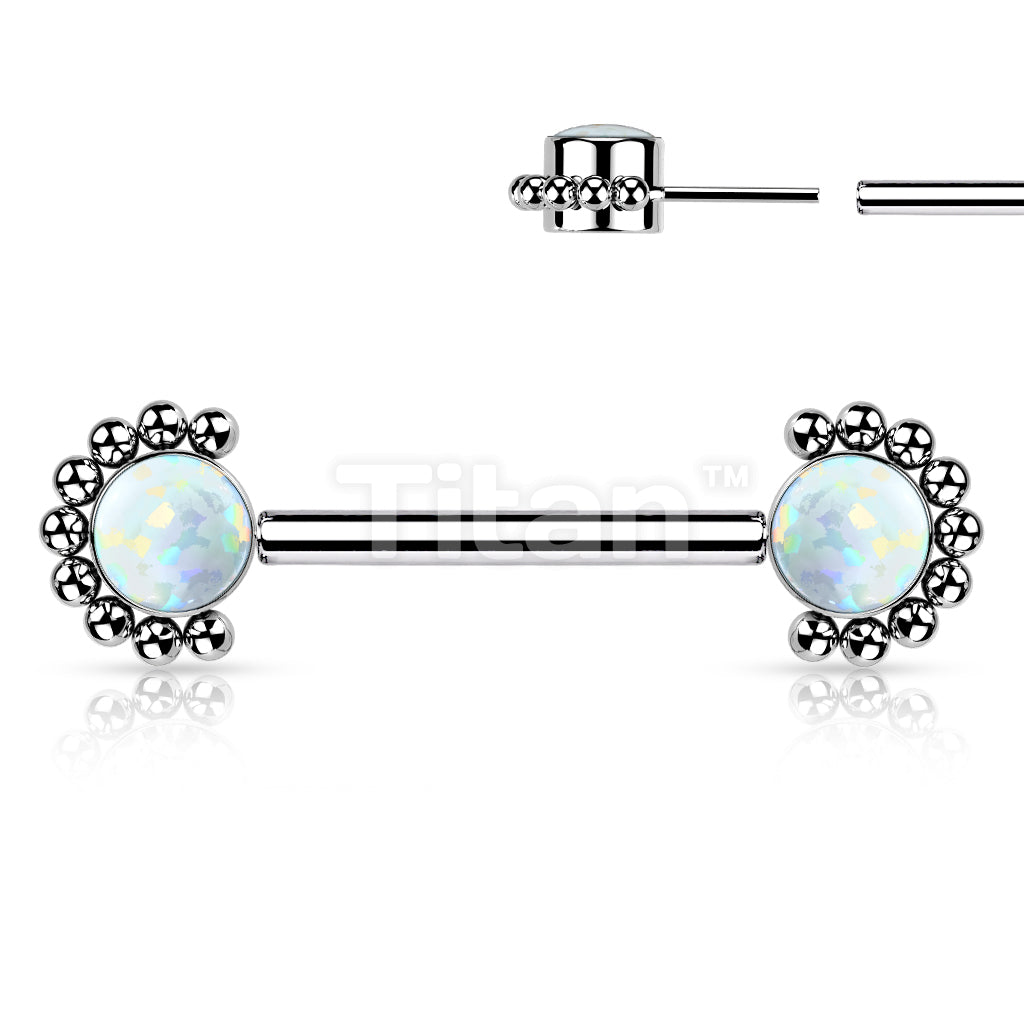 Implant Grade Titanium Threadless Push in Nipple Barbell With Forward Facing Bezel Set CZ or Opal and Beaded Ball Edge Ends - Image 6
