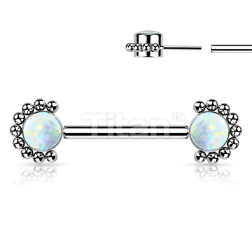Implant Grade Titanium Threadless Push in Nipple Barbell With Forward Facing Bezel Set CZ or Opal and Beaded Ball Edge Ends - Image 6