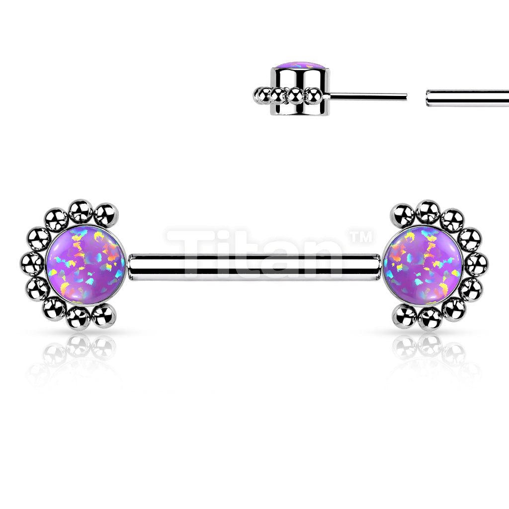 Implant Grade Titanium Threadless Push in Nipple Barbell With Forward Facing Bezel Set CZ or Opal and Beaded Ball Edge Ends - Image 7