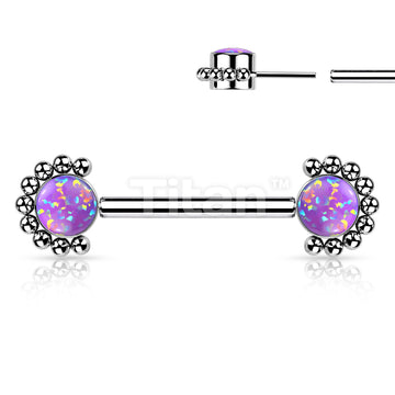 Implant Grade Titanium Threadless Push in Nipple Barbell With Forward Facing Bezel Set CZ or Opal and Beaded Ball Edge Ends - Image 7